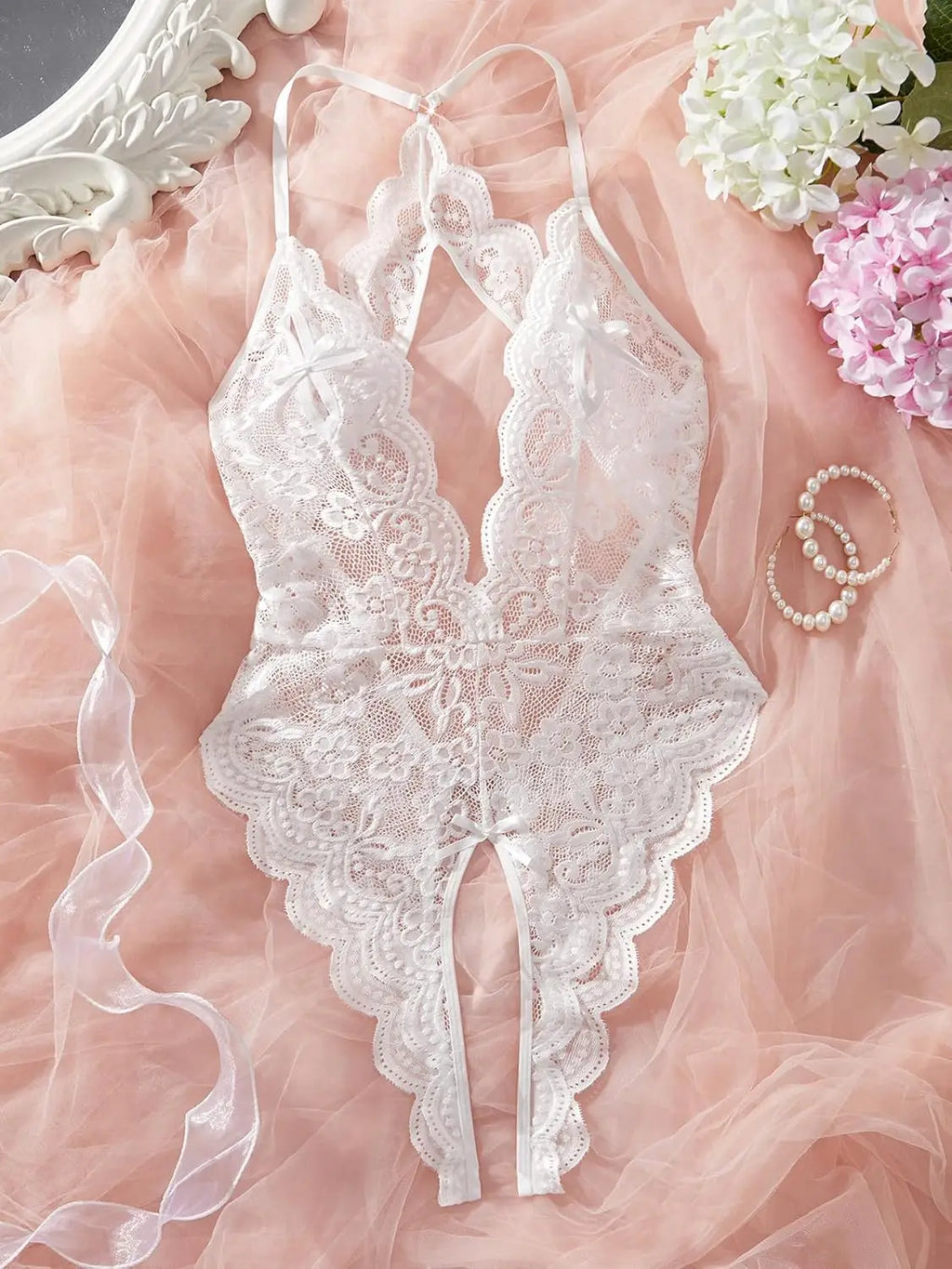 Women Sexy Lace Teddy Lingerie Deep V Mesh Sheer Bodysuit Backless Crotchless One Piece Babydoll Nightwear