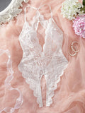 Seductive Blue Lace Hollow Bodysuit for Women - Erotic Teddy Babydoll Dress with Deep V Open Bra and Crotchless Porn Underwear