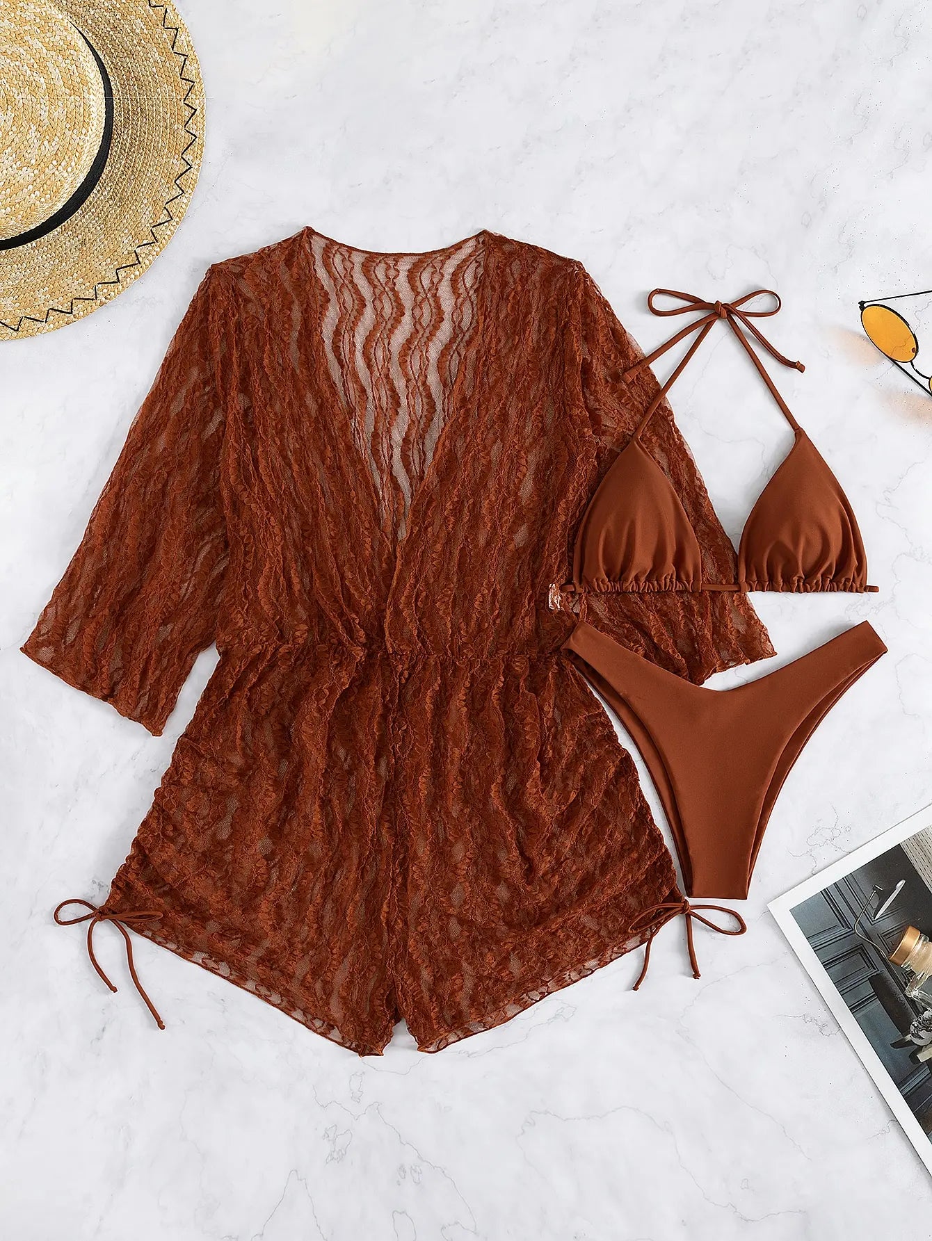3 Pieces Bikini Tropical Print Swimsuit Halter Drawstring Side Swimwear Women 2026 Bathing Suit Female Swimming Summer Beachwear