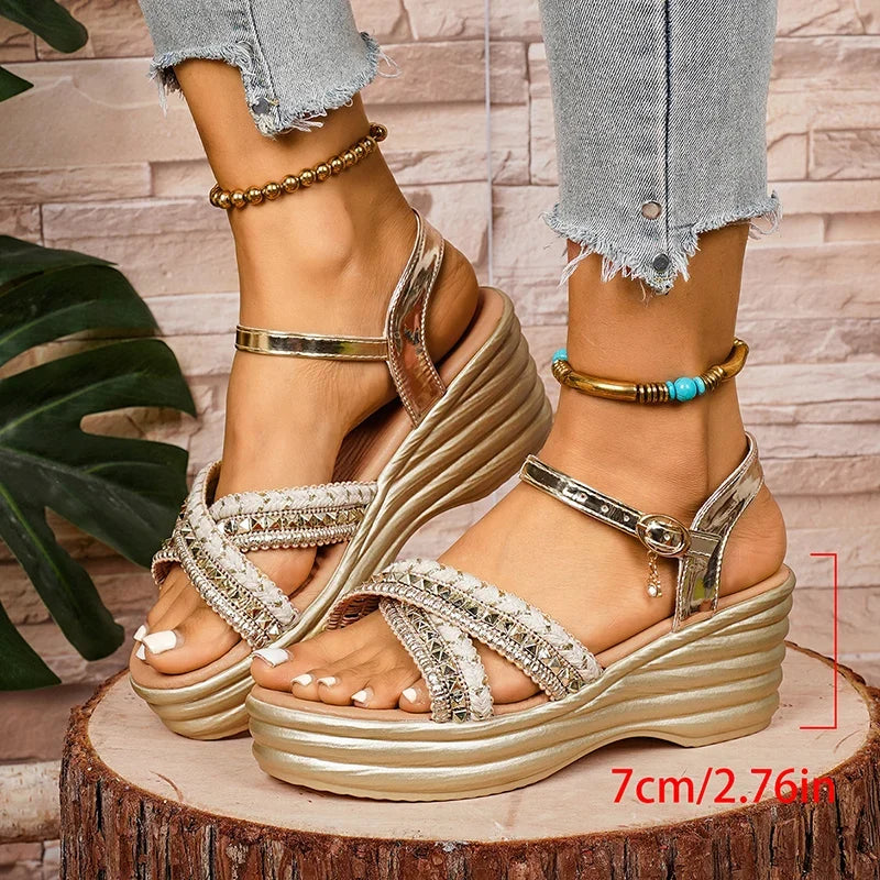 Summer Golden Wedge Heel Sandals Women Fashion Ankle Buckle Chunky Platform Sandles Woman Plus Size Thick Sole Gladiator Sandals