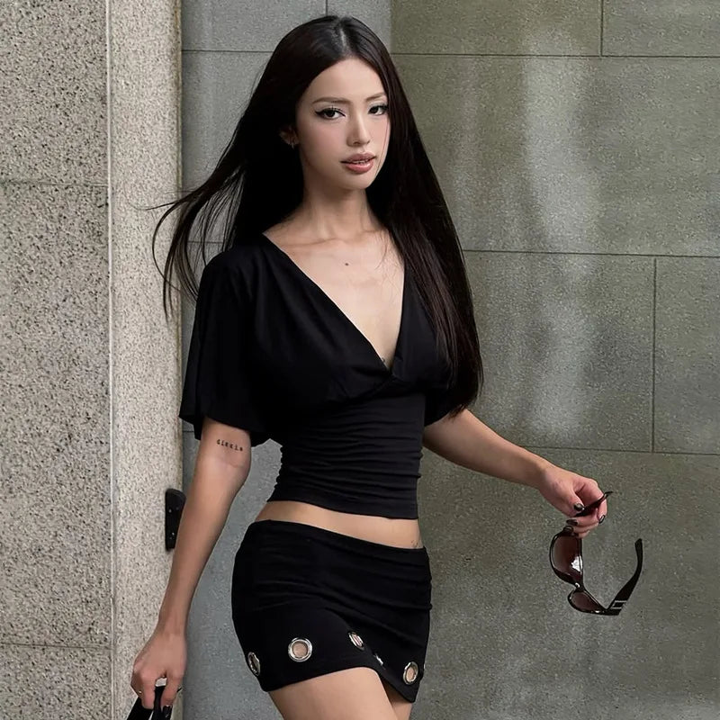 FDYOUI Woman Clothes V-neck Half Sleeve Cropped T-shirts Fashion Lace-up Backless Solid Corset Tops Y2K Streetwear Lady T Shirt