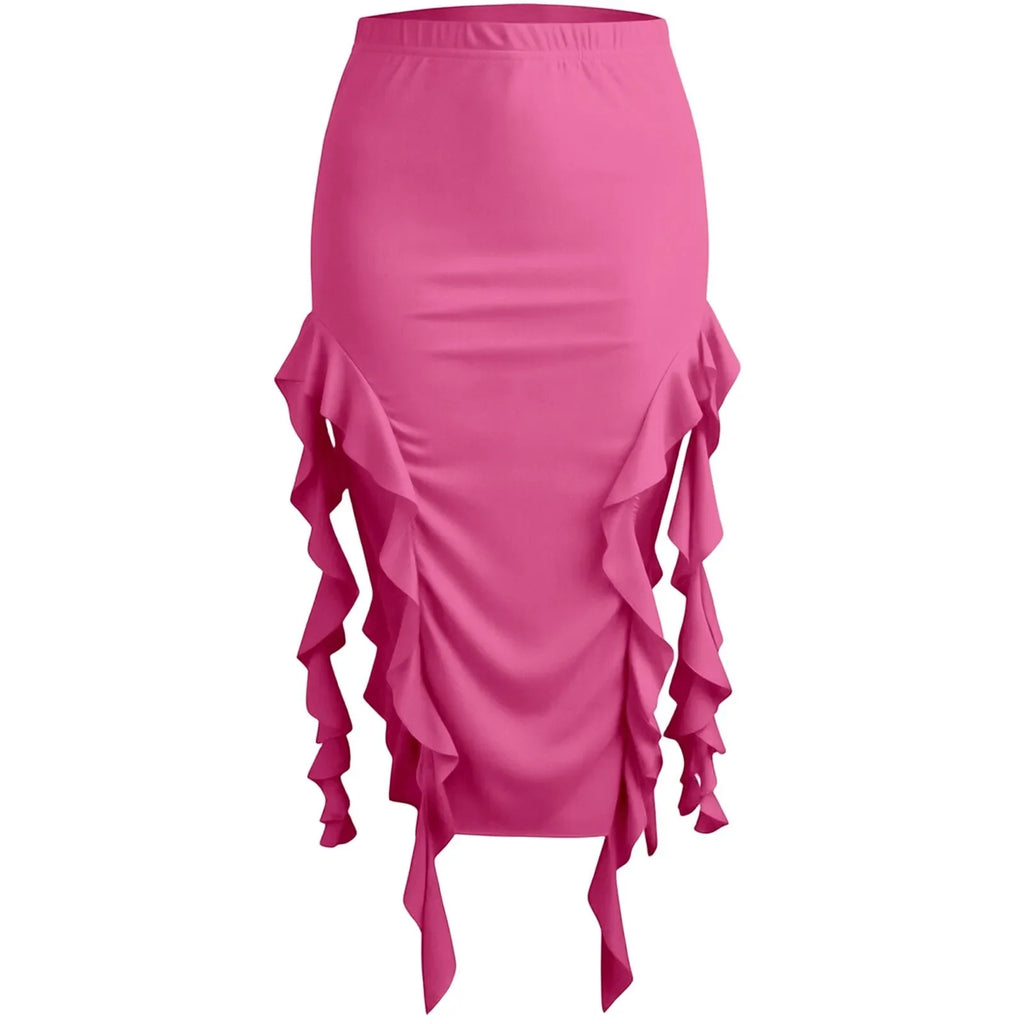 Women Western Boho Midi Skirt High Waist Ruffled Asymmetrical Hem Slit Flowy Summer Skirts Casual Cowgirl Style Streetwear Y2k