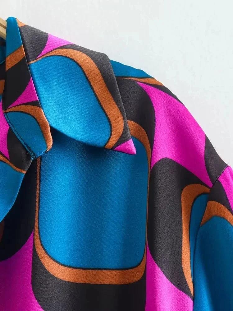 Foridol Side Split Women Fashion Geometric Print Blue New In Shirt Wrap Dress Women Long Sleeve Bowknot Maxi Long Vestido Robe