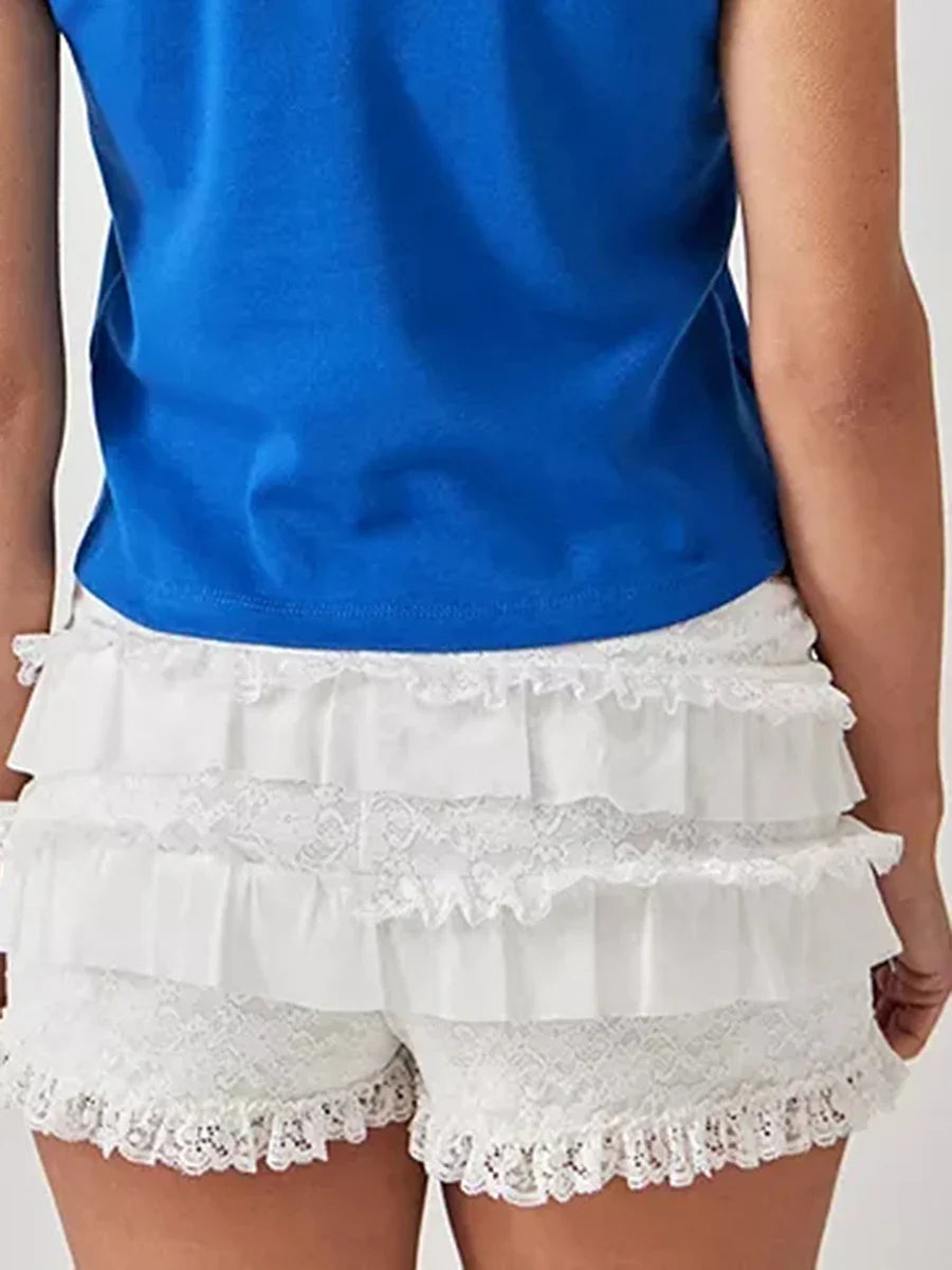 Women Solid Color Lace Bloomers Shorts Casual Summer Layered Ruffle Elastic Short Pants for Vacation Beach Nightclub Streetwear