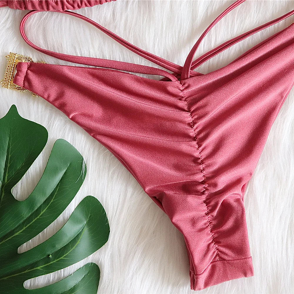 3 Colors Sexy Bikini Women Swimwear Swimsuit Luxe Crystal Diamond Halter Bandage Solid Bikinis Set Bathing Suit Beachwear Female
