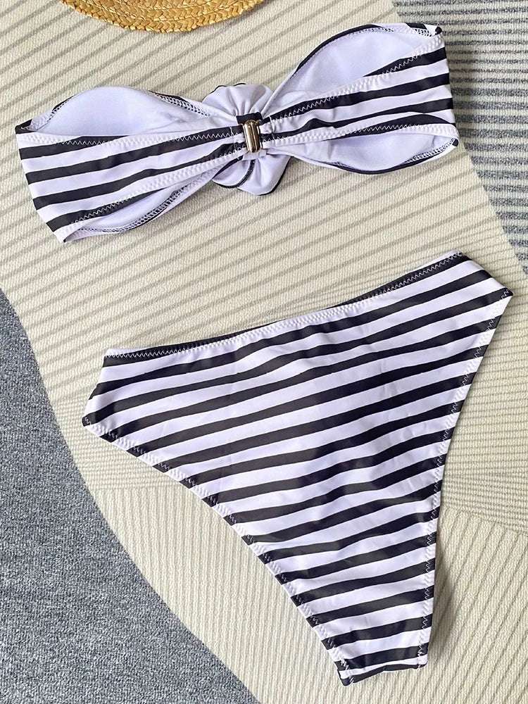 3D Flowers Striped Bikinis Strapless Bandeau Bikini 2025 Female Swimsuit Women Swimwear Two-pieces Bikini Set Bathing Suit Swim