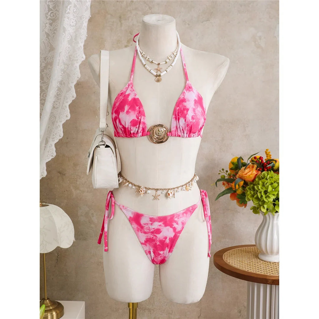 3PCS New With Skirt Tie Dye Halter Bikini Women Swimwear Female Swimsuit Bather Bathing Suit Swim Three-pieces Bikini set K8069