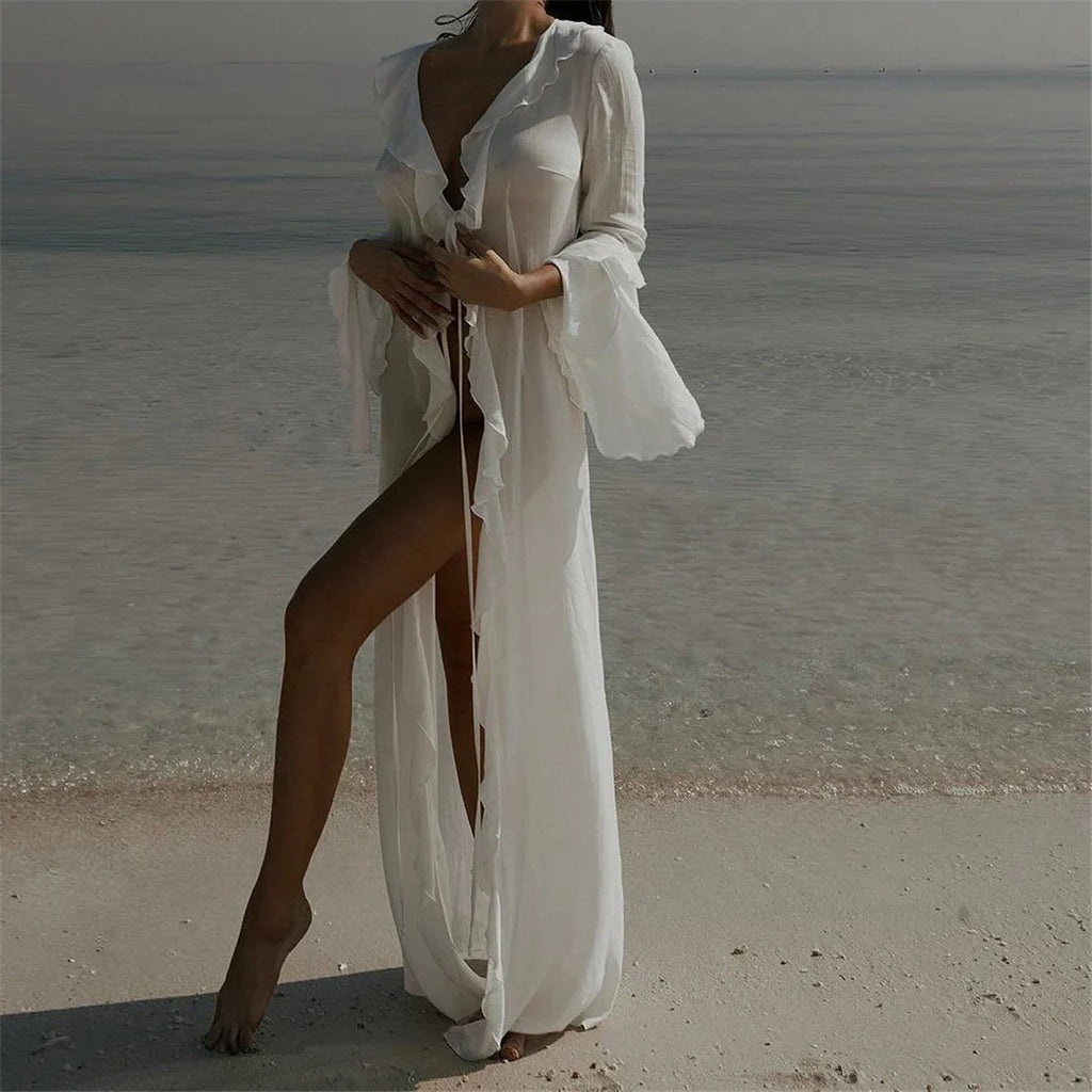 Women's V Neck Ruffled Long Sleeve Dress Chiffon Tunic Beach Cover Up Cover-ups Beach Dress Sunscreen Beachwear Vacation V5976B