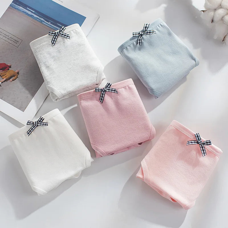 5Pcs Women Underwear Made Of Pure Cotton, Breathable Mid Waist, Pure Color, Thin Breathable Bow Underwear For Girls