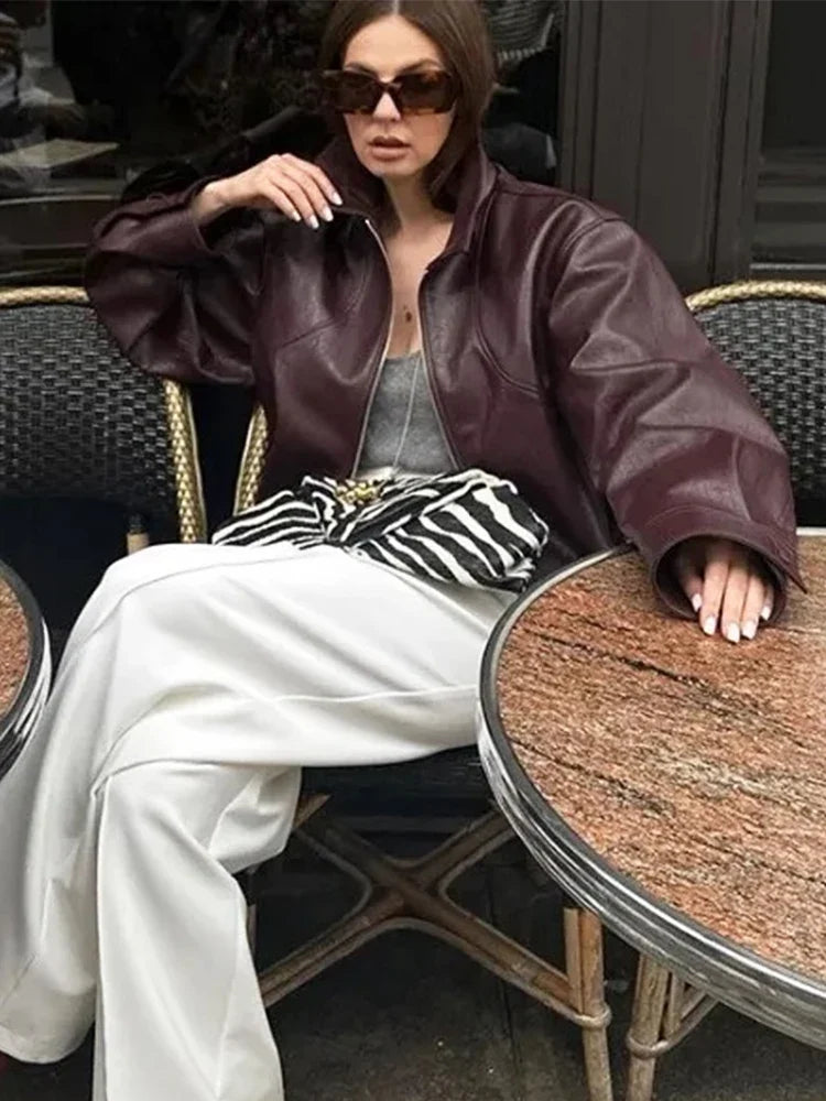 Foridol Wine Red Vintage Faux Leather PU Coat for Women Long Sleeve Turn Down Collar Zipper Autumn Winter Coat Jacket