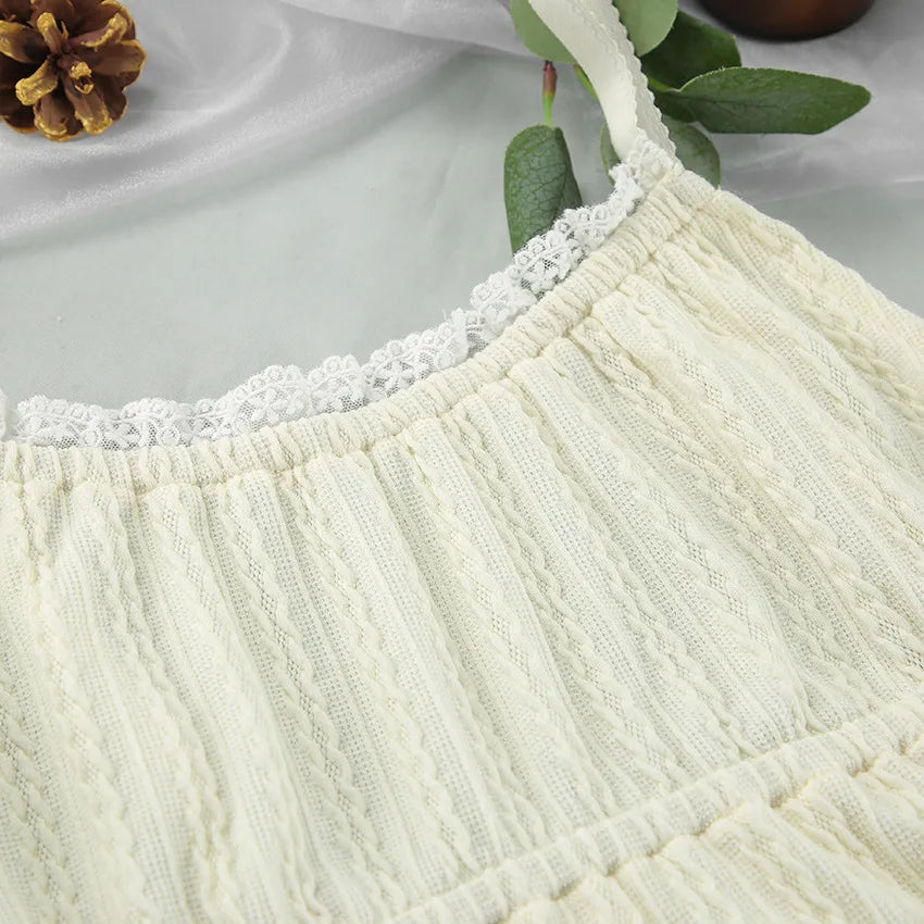 Lace Trim Ruffle Hem U-Neck Strap Cable Textured Cami & Casual Shorts Loungewear Summer Pajamas Set Women Sleepwear