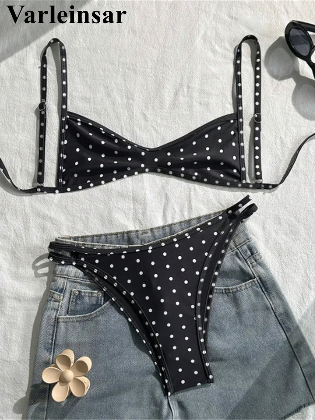 S - XL Polka Dot V Neck Bikini Women Swimwear Female Swimsuit Two-pieces Bikini set High Leg Cut Bather Bathing Suit Swim V8147