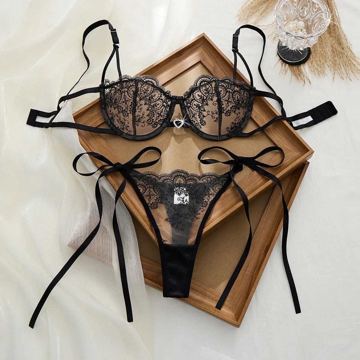 Pure black lace strap lingerie set - Sexy mature style net fabric embroidery 3/4 cup shaping bra thong set ZA825201