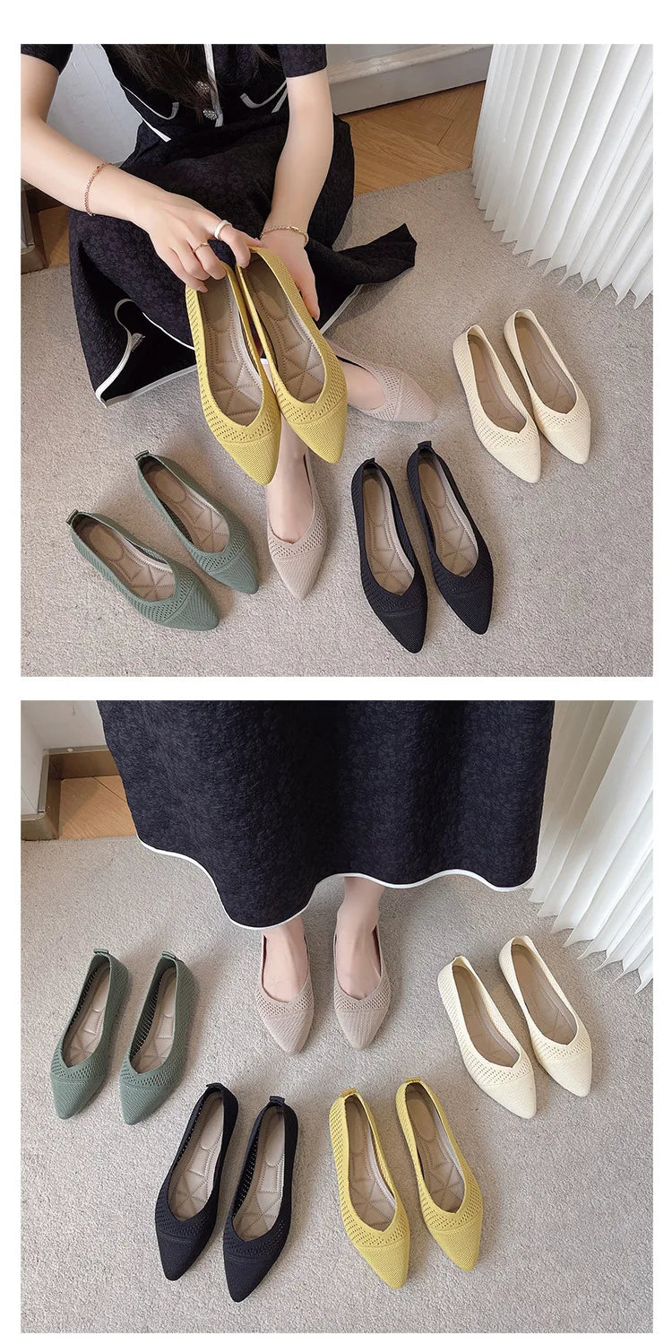 2025 Women Pointed Toe Flats Breathable Fabric Spring Summer Flat Shoes Soft Sole Slip-on Girls Daily Walking Driving Loafers
