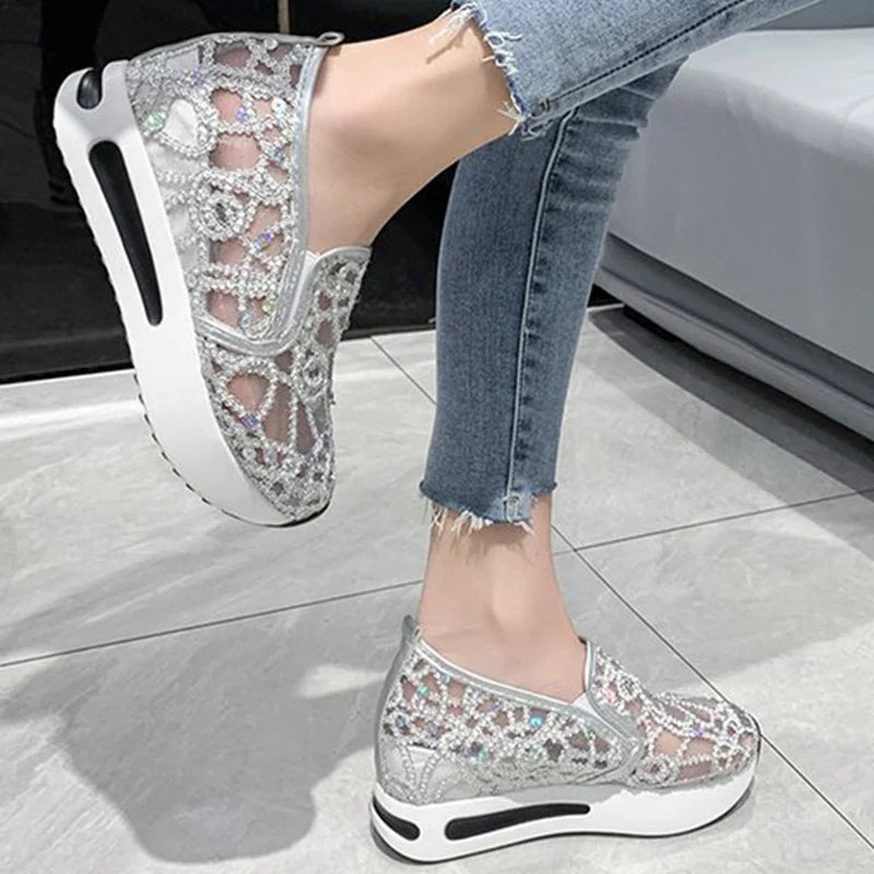 Spring Autumn Luxury Crystal Sneakers Women Breathable Mesh Sports Shoes for Woman Retro Low Top Platform Vulcanize Shoes Lady