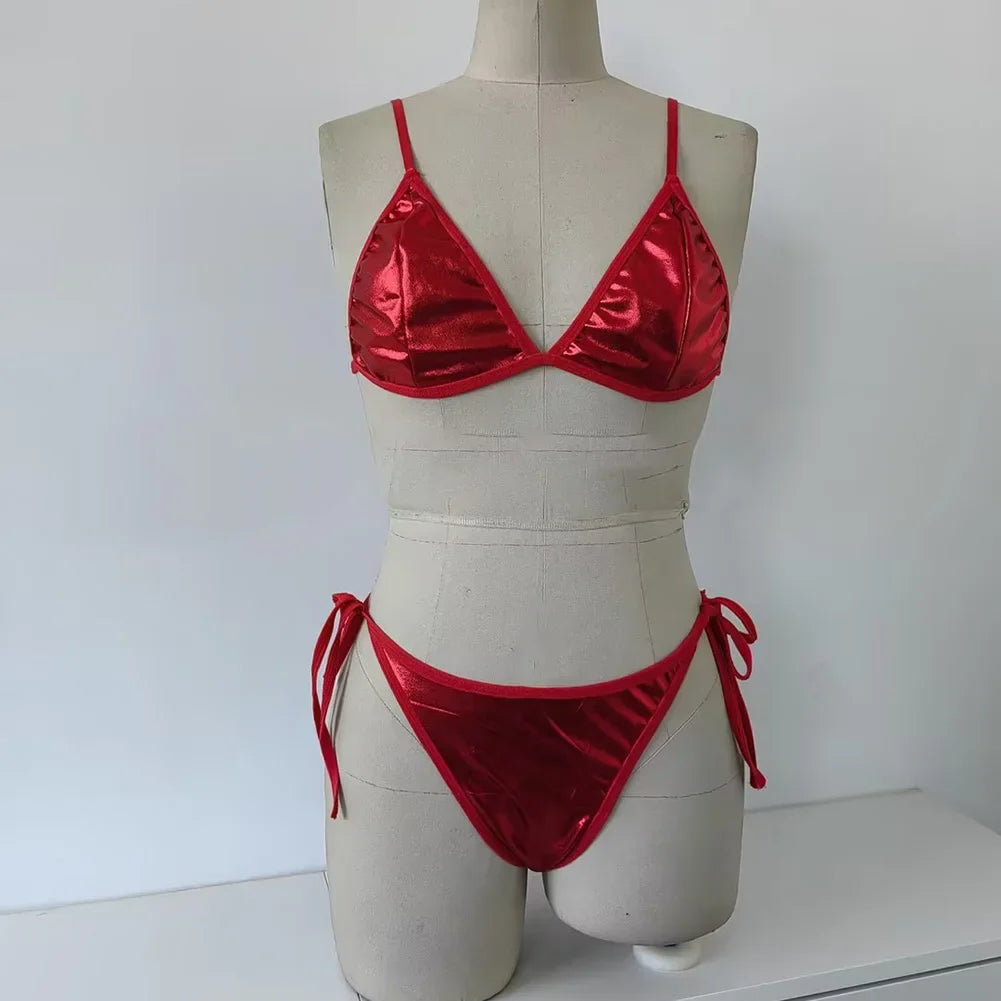 Sexy Halter Bikinis Lace Up PU Leather Wet Breathable Swimwear Woman 2025 Soft Bikini Women's Two-piece Swimsuit