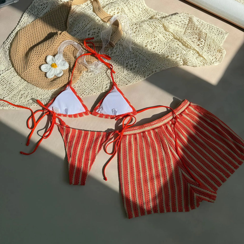 Sexy Green Orange Striped Bikini Set Women Halter Push Up High Waist Panties 3 Piece Swimsuit 2026 Summer Bathing Suit Swimwear