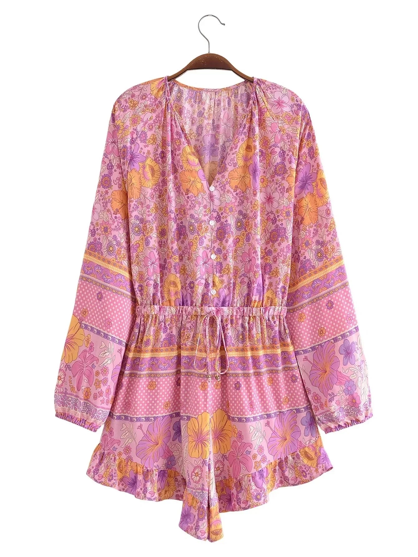 Long Sleeve Spring Summer Short Jumpsuit Women Printed Bohemian Wide Leg Playsuit Female Romper Ruffles Rayon Boho Overalls 2025