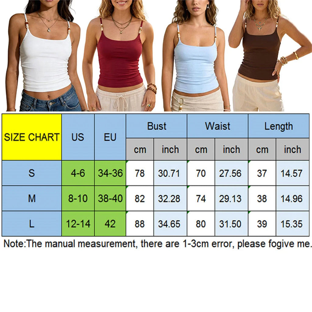 Women Summer Slim Fit Camisoles Beaded Spaghetti Strap Stylish Solid Color Tank Tops Beach Vacations