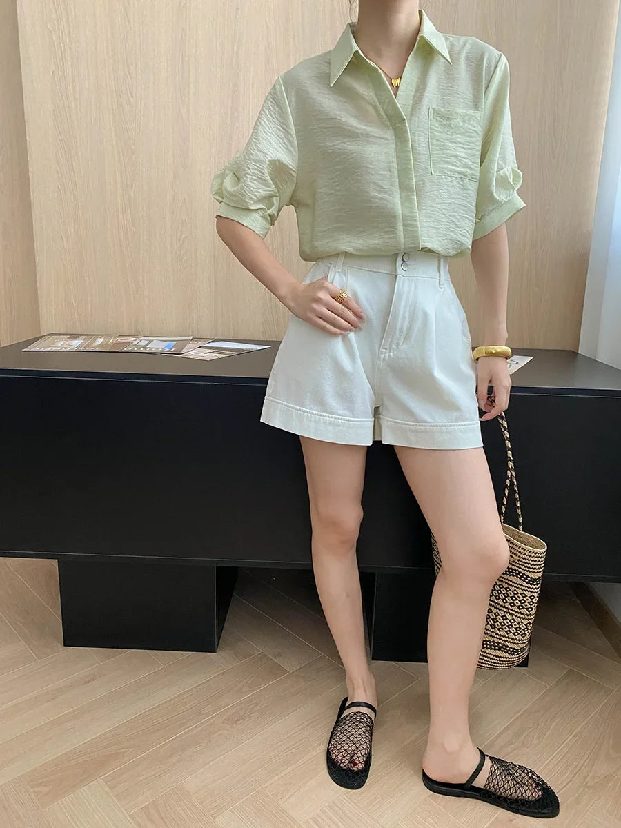 Turn-Down Collar Loose Short-Sleeve Shirt Women White Short Sleeve Shirt Chest Pocket V Neck Button Casual Summer Blouse H9EH