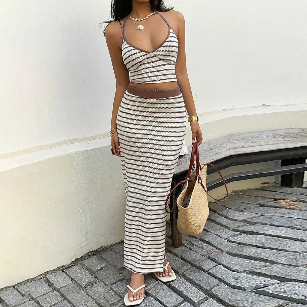Summer slim temperament hot girl striped halterneck backless skirt suit vest casual suit