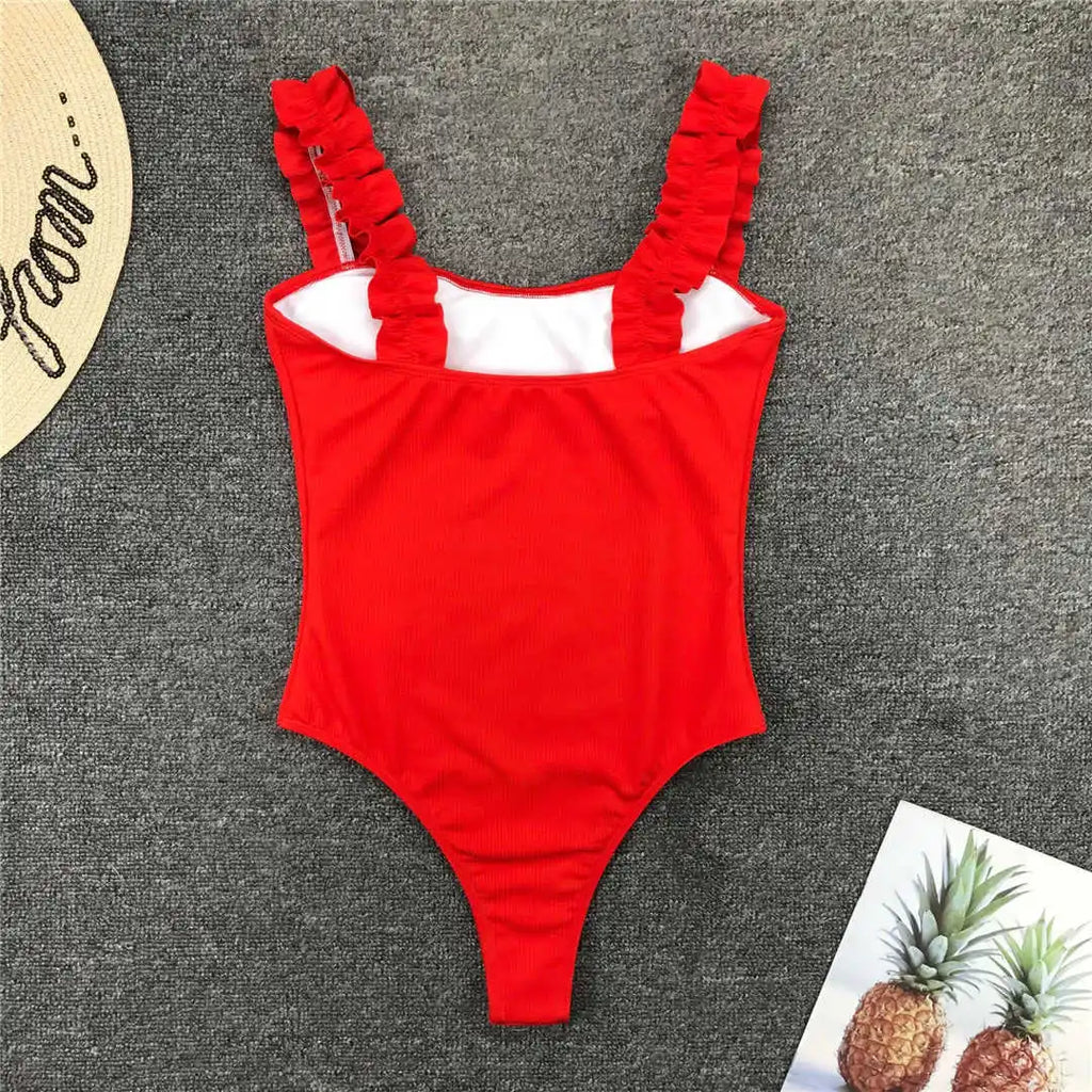 6 Colors Frill Trim Ruffled Sexy Women Swimwear One Piece Swimsuit Female Ribbed Bather Bathing Suit Swim Wear Monokini V1668