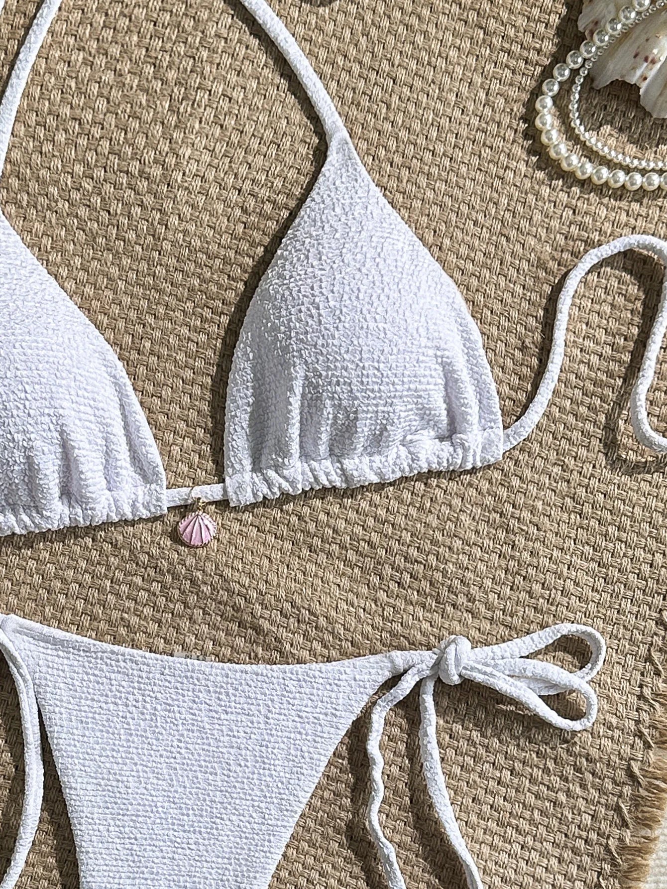 Sexy Pink White Bikini Set 2026 Women Shell Ornament Push Up Tie Side Thong Swimsuit Summer Bathing Suit Holiday Micro Swimwear