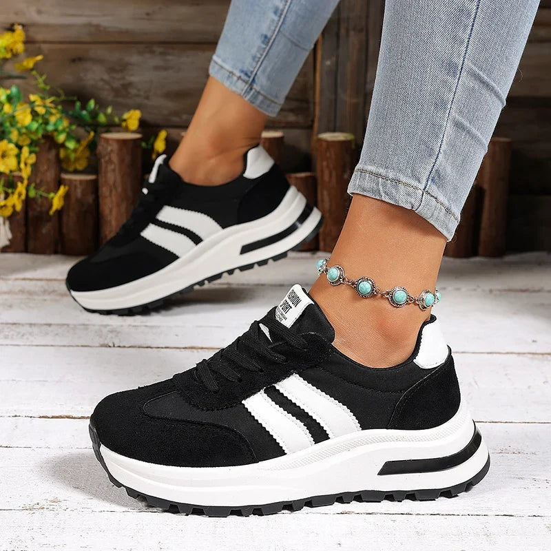Fashion Stripe Thick Bottom Sneakers Women 2026 Autumn Platform Lace Up Sport Shoes Woman Anti Slip Thick Sole Running Shoes