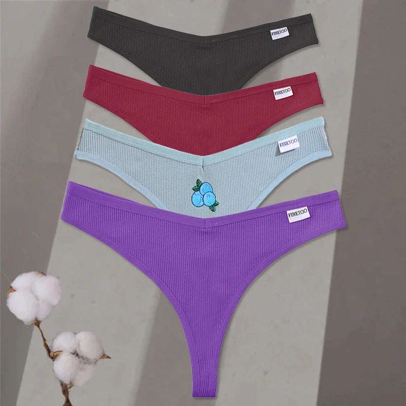 4Pcs/set Cotton Thongs Women Low-Rise Bikini Underwear M-XL Comfortable G-string Female Fruit Embroidery T-Back Panties Lingerie
