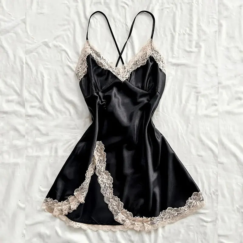 Off Shoulder Ultra Short Sexy Bras Pajamas Home Dresses Night Shirts Sexi Women's Nightgown Silk Lingerie See Through Dress