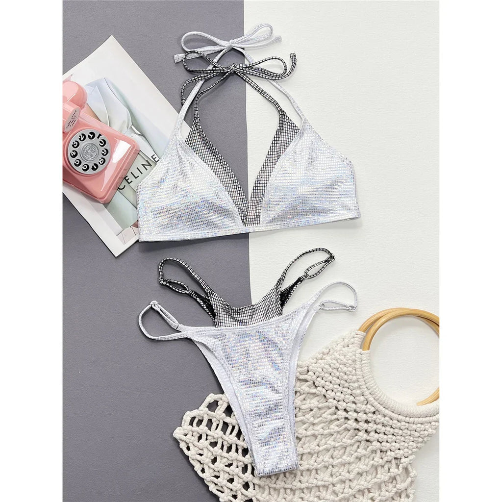 Shiny Sequin Splicing Halter High Cut Bikini Women Swimwear Female Swimsuit Two-Pieces Bikini Set Bather Bathing Suit Swim V4609