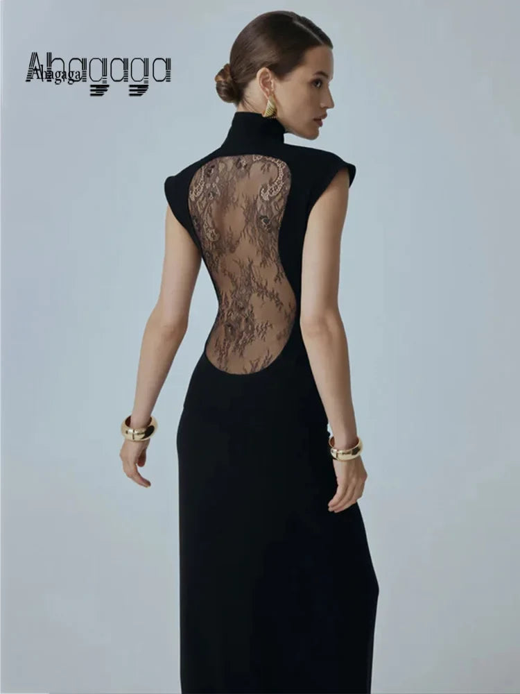 Ahagaga Fashion Sexy Women's Maxi Dresses Turtleneck Short Sleeves Hollow Out Lace Patchwork Sheath Split Party Solid Vestidos