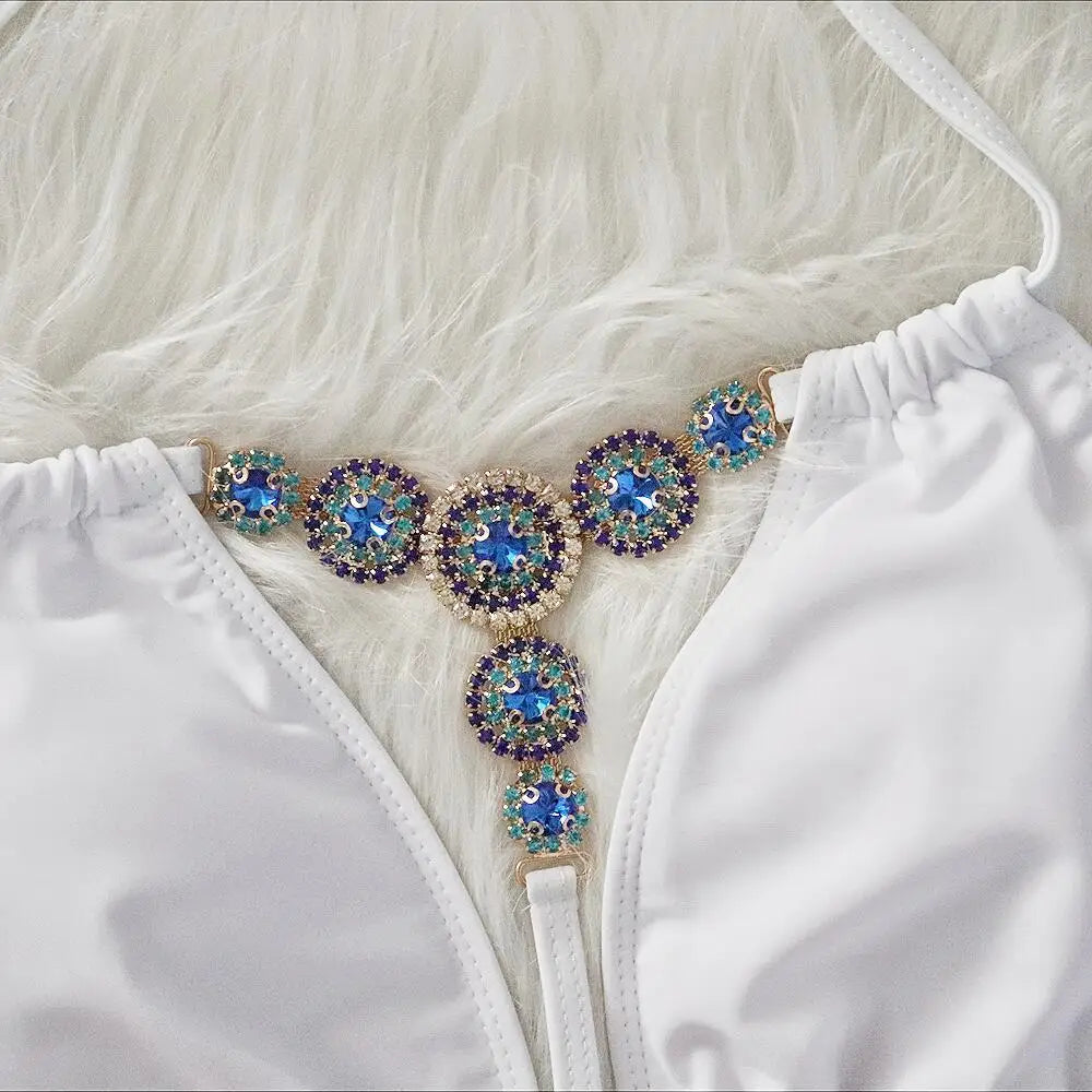 Extreme Mini Micro String Diamond Bikini Women Swimsuit Female Triangle Swimwear Two Pieces Bikini Set Halter Bathing Suit Swim
