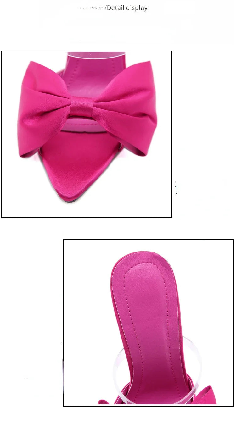 2025 Silk Butterfly Knot Women PVC Slippers Mule 11cm High Heels Slippers Luxury Sandals Pointed Toe Strappy Slides Party Shoes