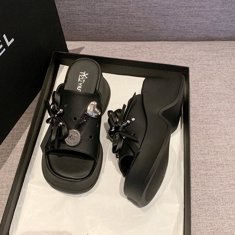 Metal Decor Chunky Platform Sandals Women 2026 Summer Open Toe High Heels Clogs Slippers Woman Bowknot Wedge Heel Sandles Female