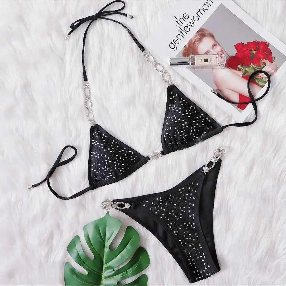 6 Colors Sexy Bikini Women Hollow Rhinestones Chain Halter Swimwear Swimsuit Bikinis Set Bathing Suit Beach Bikini Luxe Female