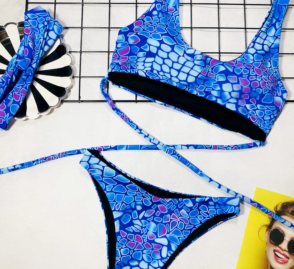Bikini 2026 Sexy Blue Snakeskin Print Bandage Swimwear Swimsuit Women Bikinis Set Bathing Suit Beach Bikini Female with Hairband