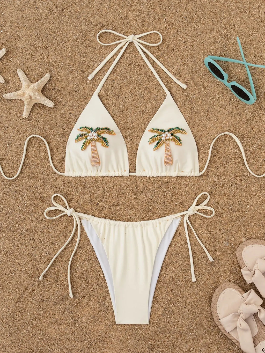 Sexy Beige 3D Pearls Coconut Tree Bikini Set 2025 Women Halter Push Up Pleate Thong Swimsuit Beach Bathing Suit Micro Swimwear