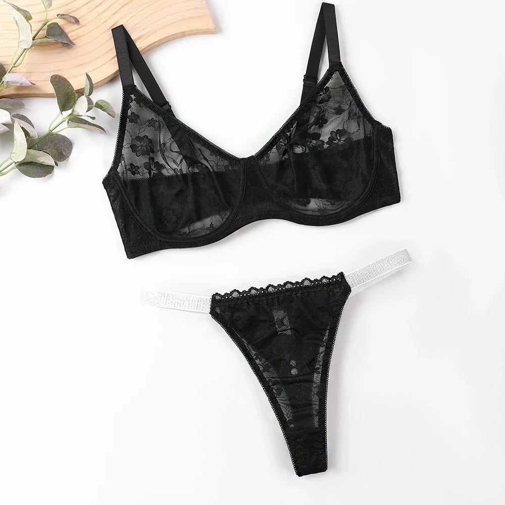 Sexy Floral Lace Womens Lingerie Set Breathable Erotic Bra And Briefs Sets Panties Thong Plus Size Underwear B C D E F Cup