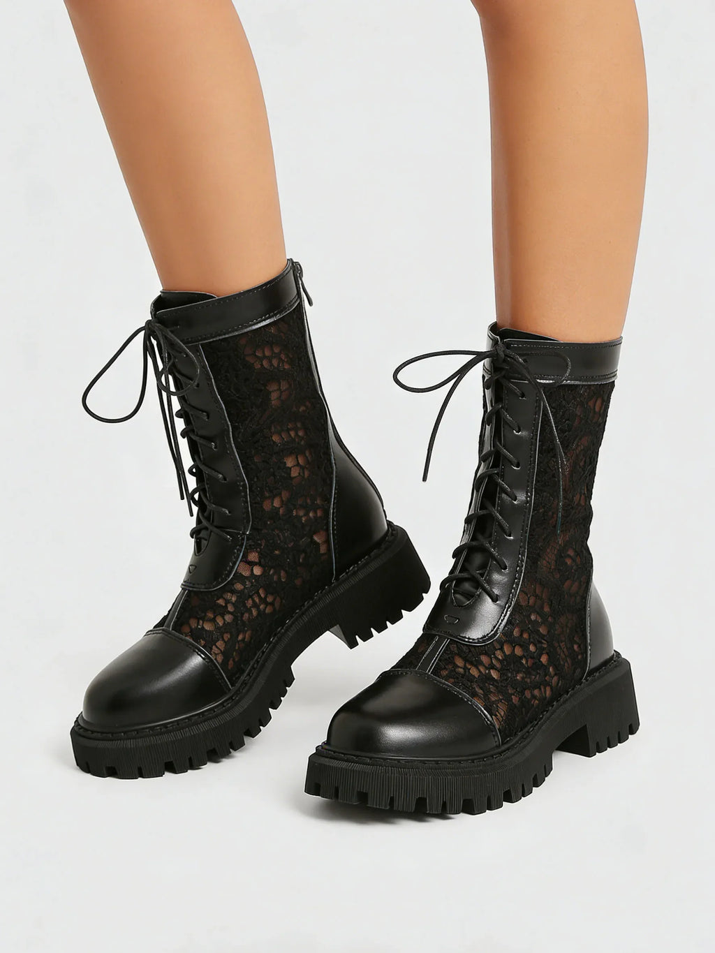 2026 New Big Size 45 Chic Black Lace Mesh Summer Boots Women Round Toe Square Heels Shoelace Zip-up Mid-calf Boots Shoes