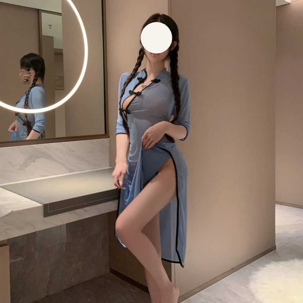 Sexy Cheongsam Lingerie Set Pure Desire Style Dating Outfit Easy-off Uniform Seductive Nightwear for Small Bust Intimate Lingeri