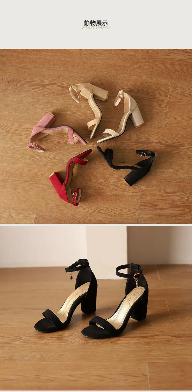 Beige Suede Ankle Strap Block Heel Sandals for Women, Round Open Toe with Rhinestone Accent, Multiple Colors Available