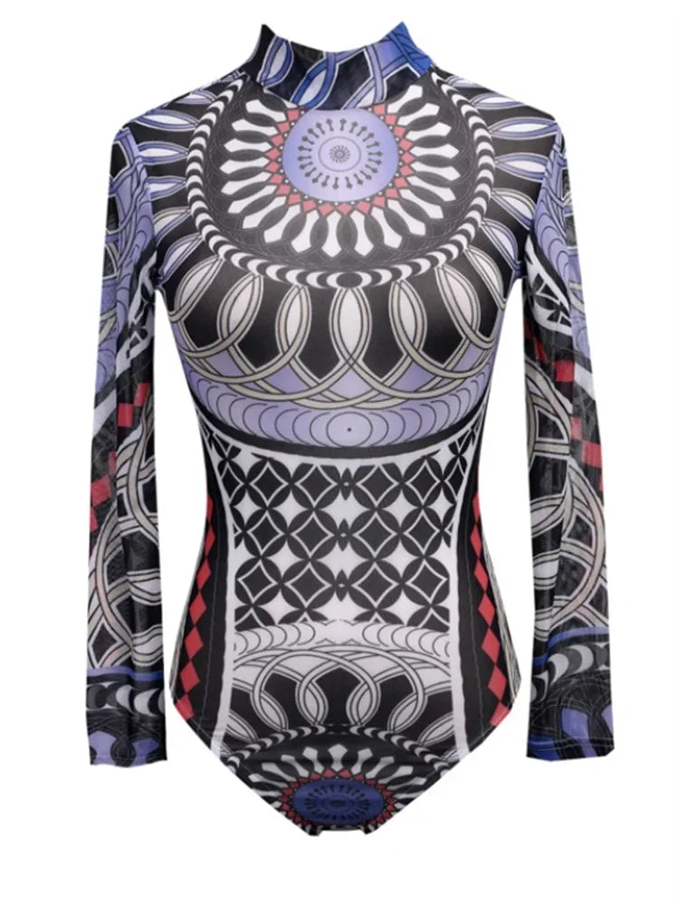 Women Mesh Bodysuits Vintage Ethnic Printed Long Sleeve Leotard Body Top See Through Sexy Club Overalls Shirts