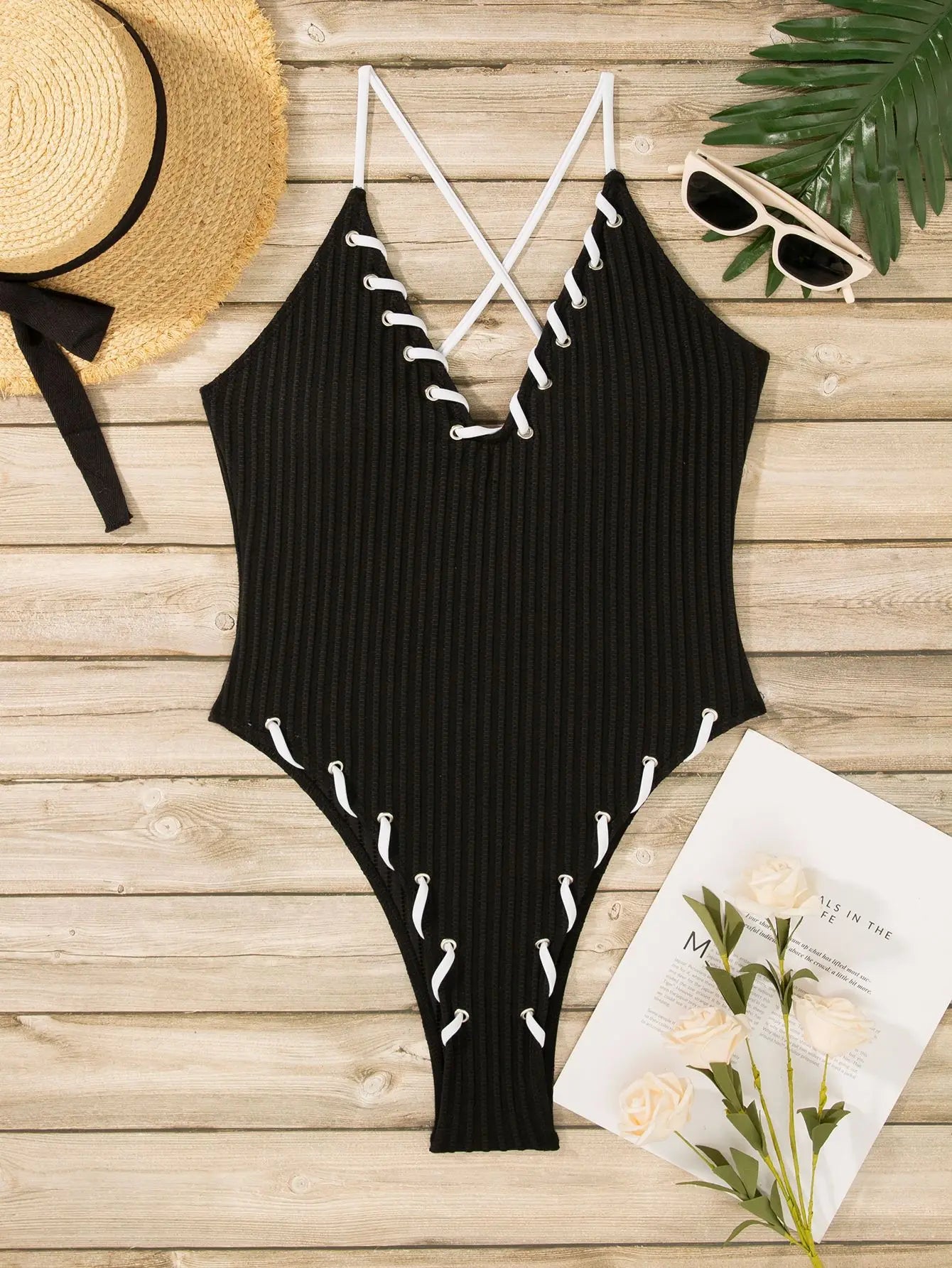 V Neck Wrinkled Ribbed Cross Backless One Piece Swimsuit Women Swimwear Female High Leg Cut Monokini Bather Bathing Suit Swim