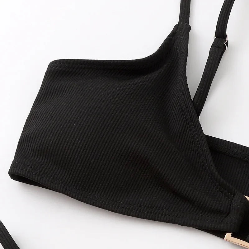 Sexy Ribbed Metal Rings High Cut Bikini Female Swimsuit Women Swimwear Two-pieces Bikini Set Micro Thong Bathing Suit Swim Lady