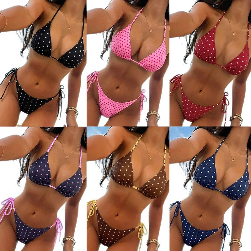 New Retro Polka Dot Tie Side Bikini Set for Women, Sexy Push Up Halter Neck Swimwear, High Waist Beach Bathing Suit, Summer
