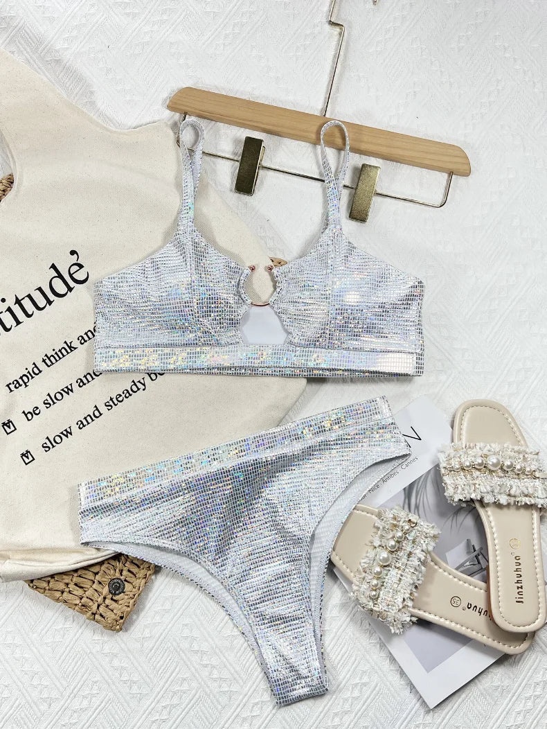2026 Sexy Bikini Sliver Sequins High Waist Swimwear Swimsuit Women Bikinis Set Bathing Suit New Bikini Female Push Up Metal Hoop
