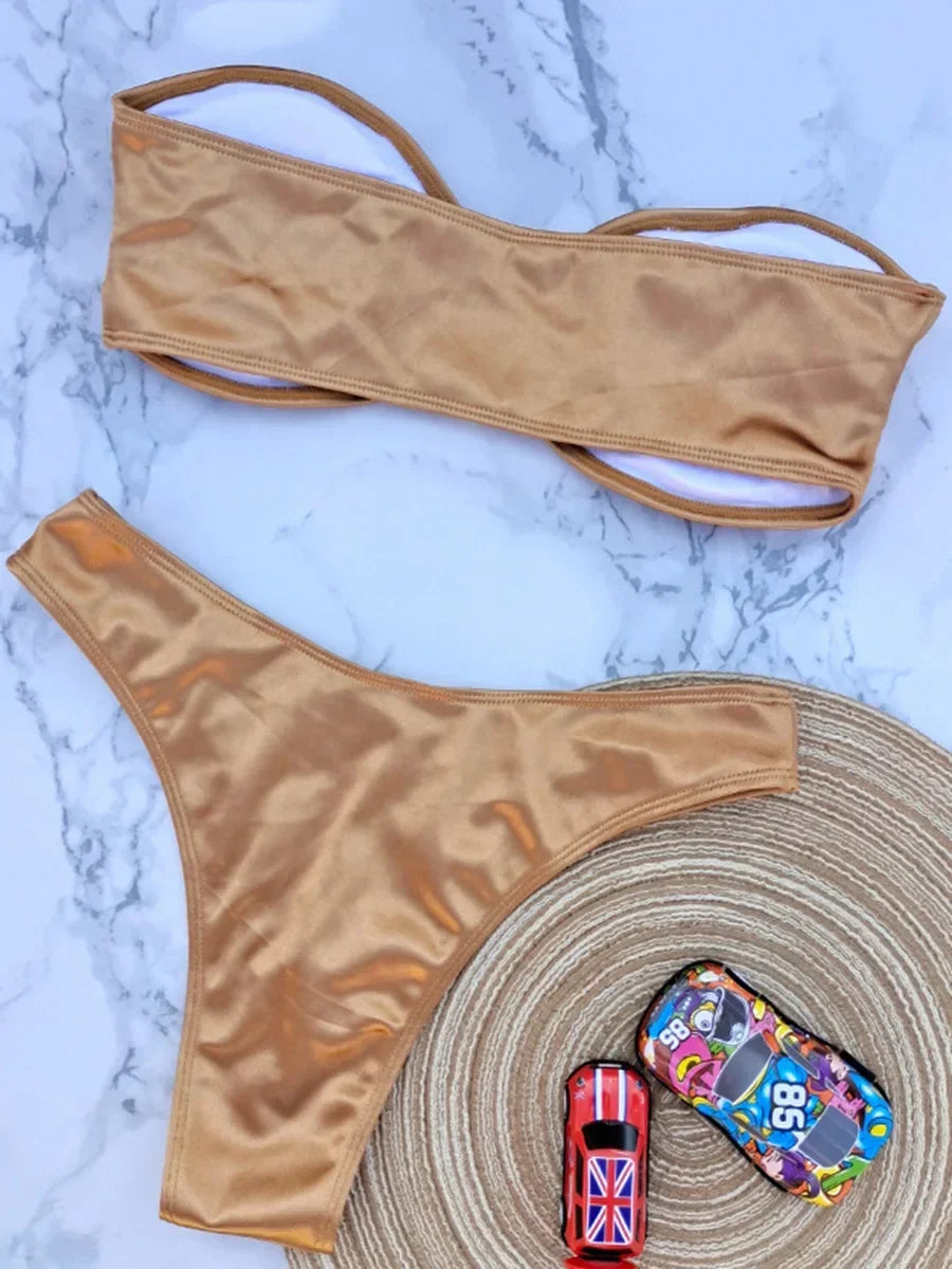 Bandeau Bikinis 2025 Strapless Satin Bikini Female Swimsuit Women Swimwear Two-pieces Bikini Set High Cut Bathing Suit Swim Lady