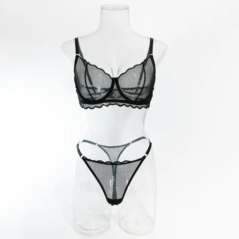 Toucheart Sexy Lingerie Suit for Women Lace Mesh Ultra-thin Underwear Comfortable Bra Set with Steel Rings Hollow Out Underwear