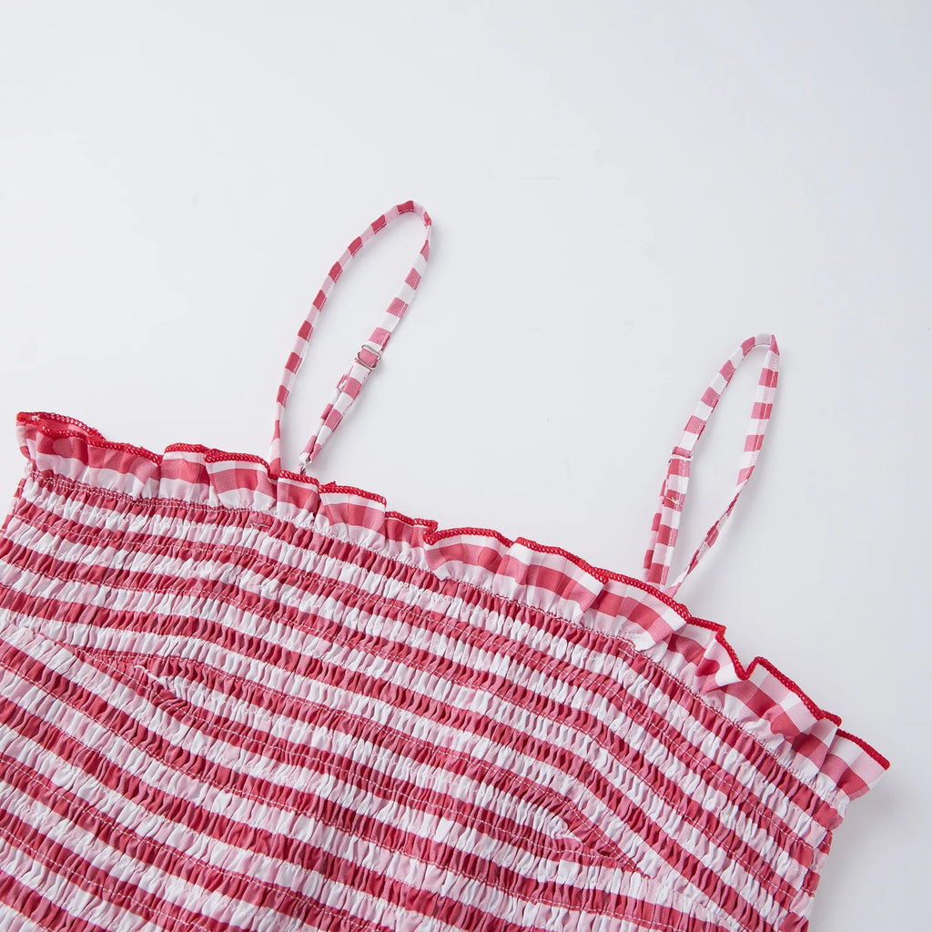 Summer Women Smocked Tank Tops Spaghetti Strap Plaid Ruffle Camisole Fashion Sleeveless Vest Shirts Streetwear